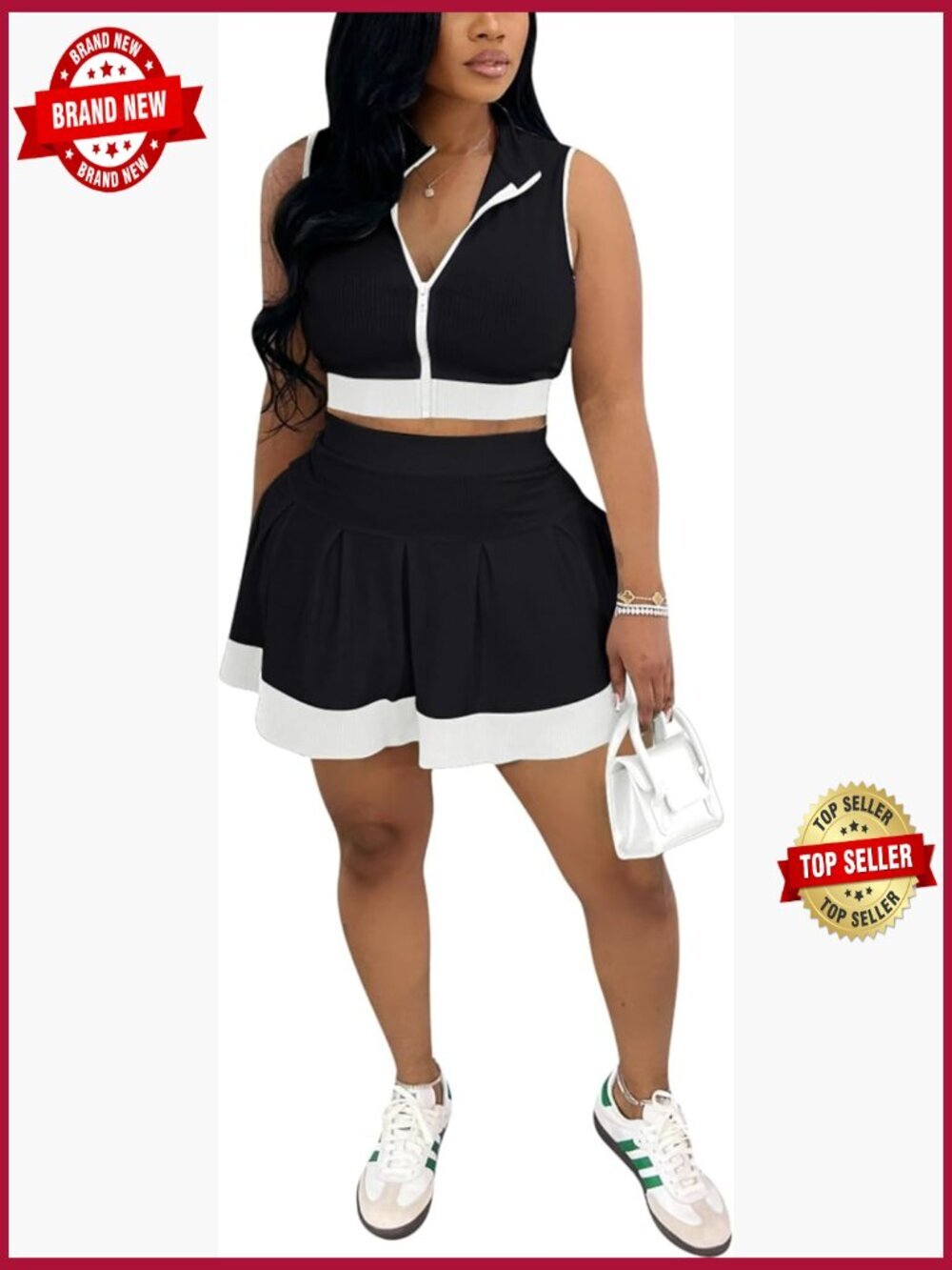 2 Piece Skirt Set Sleeveless Crop Top Pleated Skort Y2K Going Out Outfit